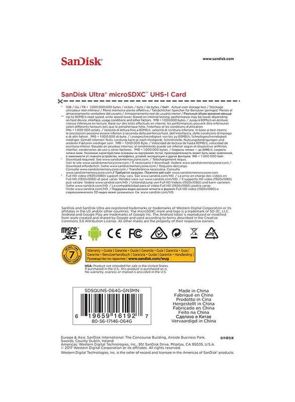 Sandisk 64GB microSDXC Memory Card With Adapter, Black