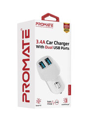 Promate Universal Compact 3.4A Fast Charging Car Adapter, White/Silver