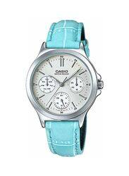 Casio Analog Watch for Women with Leather Band, Water Resistant & Chronograph, LTP-V300L-2A, Aqua-Silver