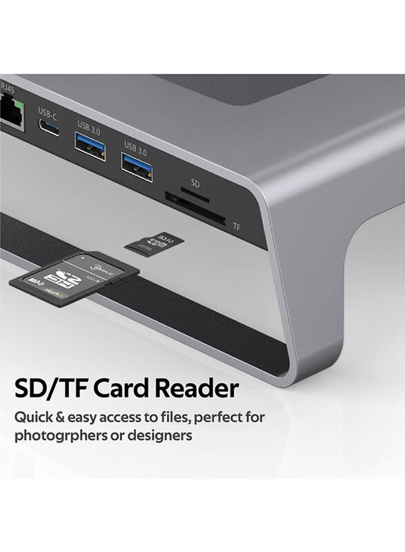 Promate 11-In-1 Anti-Skid Aluminium Alloy Desk Hub for Laptops, Grey