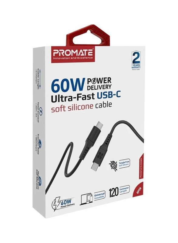 Promate 2-Meter 60W Ultra-Fast Charging & Data Cable, USB Type-C to USB Type-C for Smartphones & Tablets, Powerlink-cc200, Black