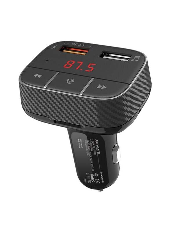 Promate SmarTune-2+ Radio Adapter Hands-Free Car Charger Kit with Quick Charge 3.0 Port, 1A USB Port, AUX Input, Micro-SD Card Slot, Remote Control & LED Display, Black