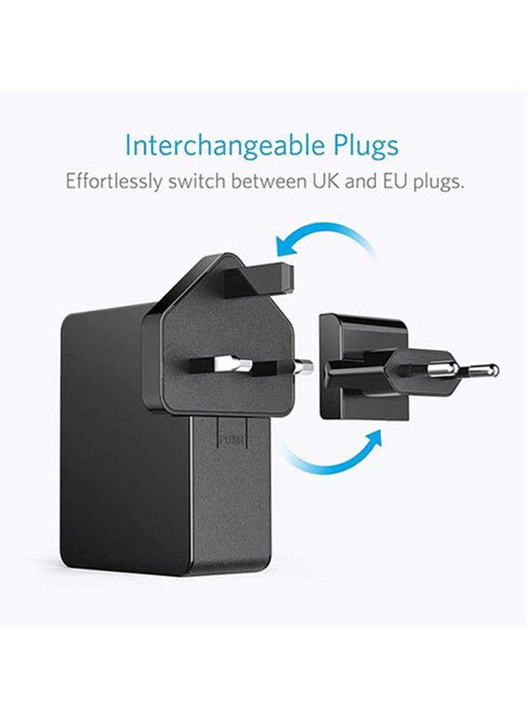 Anker PowerPort 4 Lite UK + EU Plug Wall Charger, 27W 4 USB Ports with PowerIQ Technology, AN.A2042L11.BK, Black