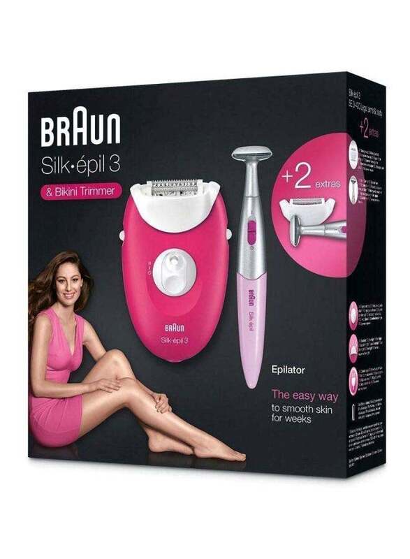 Braun Silk-Epil 3 Epilator with 2 Trimmer Heads, SES 3-420, Pink/Grey