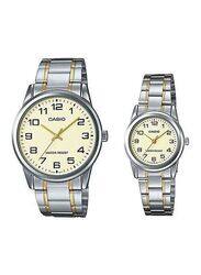 Casio Analog Watch Unisex with Stainless Steel Band, Water Resistant, MTP/LTP-V001SG-9BUDF, Multicolour/Beige
