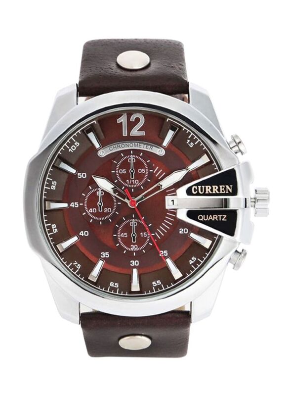 Curren Analog Watch for Men with Leather Band, Water Resistant & Chronograph, 8176, Brown/Red