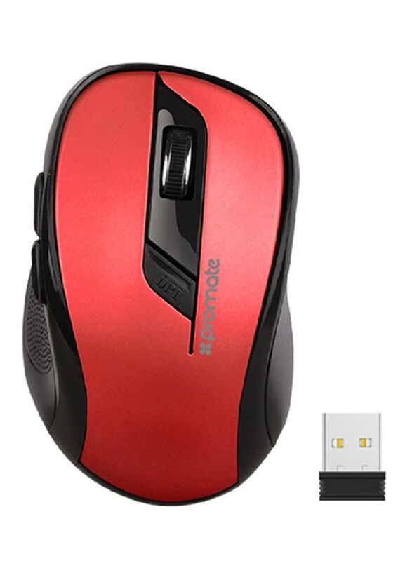 Promate Wireless Optical Mouse with USB Nano Receiver, Red/Black