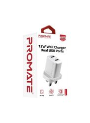 Promate Dual USB Port Power Wall Charge, White