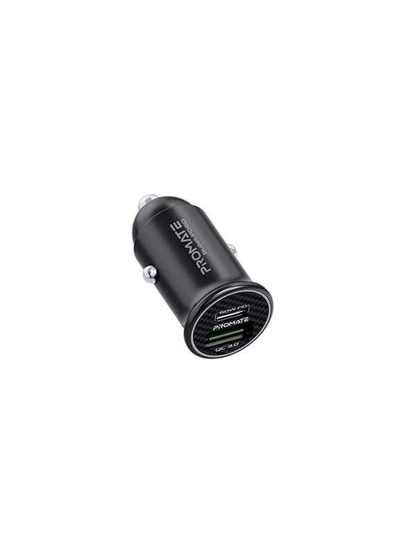 

Promate 60W Super-Fast Type-C Power Delivery Car Charger with 18W Quick Charge 3.0 USB Port, Black