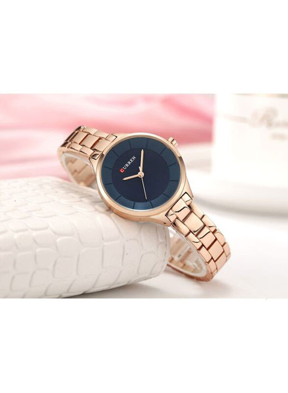 Curren Analog Watch for Women with Alloy Band, Water Resistant, 9015, Rose Gold-Blue