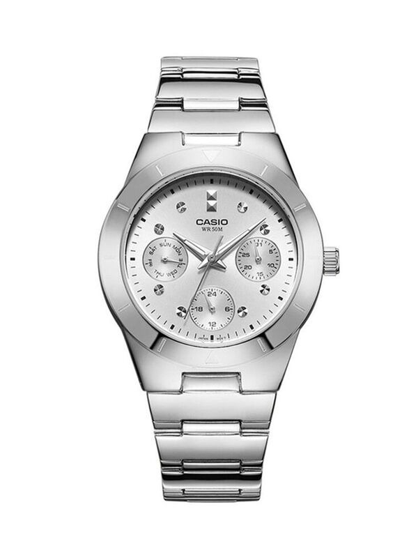 Casio Enticer Analog Wrist Watch for Women with Stainless Steel Band, Water Resistant and Chronograph, LTP-2083D-7A, Silver