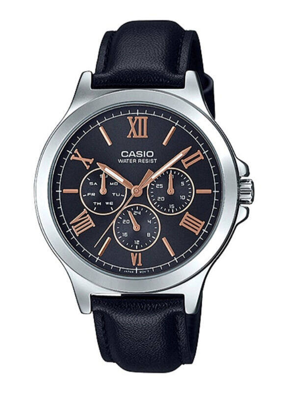 

Casio Analog Wrist Watch for Men with Leather Band, Water Resistant and Chronograph, MTP-V300L-1A2UDF, Black-Black