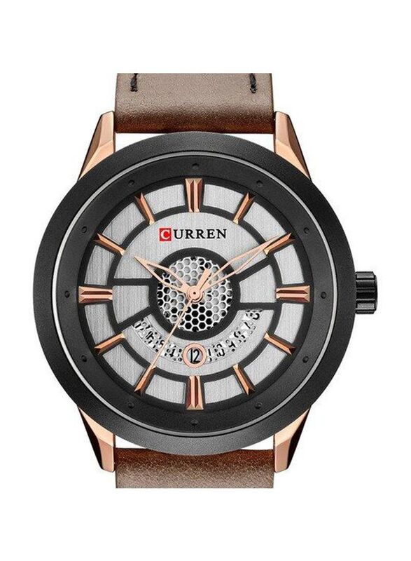 Curren M8330 Analog Wrist Watch for Men with Leather Band, Water Resistant, M8330, Brown-Silver/Black