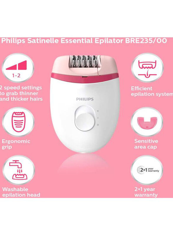 Philips Satinelle Essential Corded Epilator, BRE235/00, White/Pink