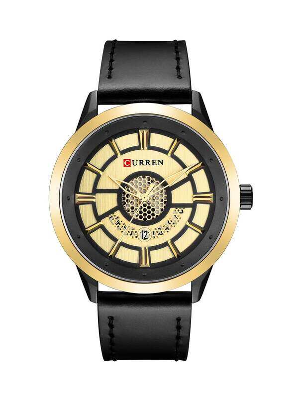 

Curren Analog Wrist Watch for Men with Leather Band, Water Resistant, 8330-4, Black-Gold