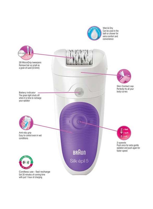 Braun Silk-Epil 5 Wet & Dry Cordless Epilator, SE-5541, White/Purple