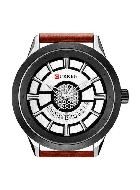 Curren M8330 Analog Wrist Watch for Men with Leather Band, Water Resistant, M8330, Brown-White/Black
