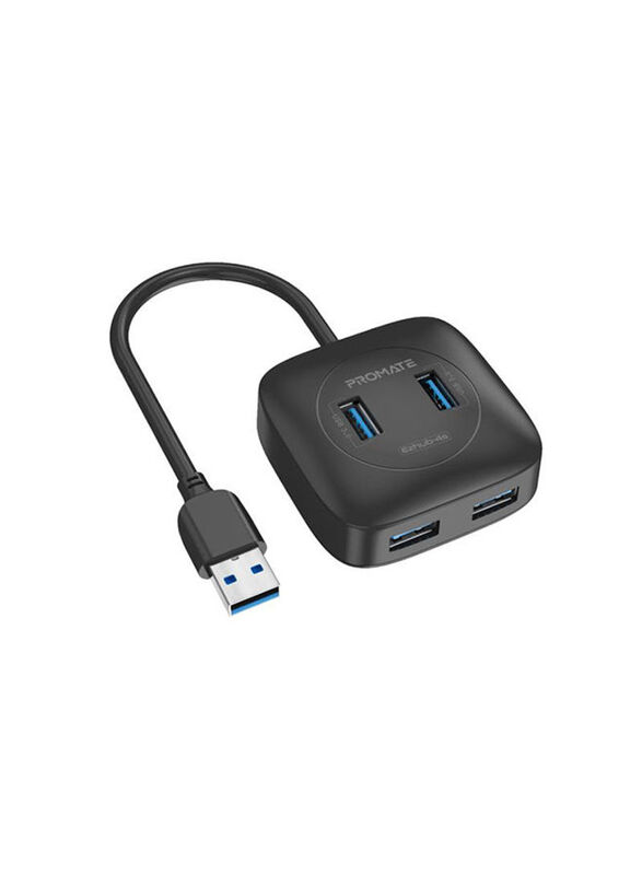 Promate 4-Port Portable Powered 3.0 USB Type-a Hub to 3.0 Ports, Black