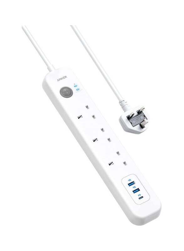 Anker Extension Lead with 1 Power Delivery 18W USB-C Port, 2 PowerIQ USB Ports, and 3 AC Outlets, White