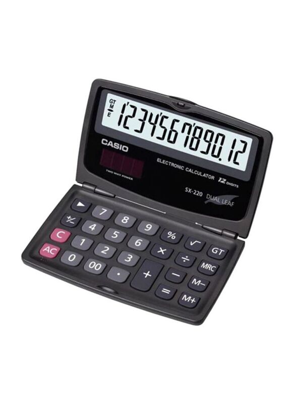 Casio Solar and Battery Operated Pocket Calculator, SX220, Black/Grey