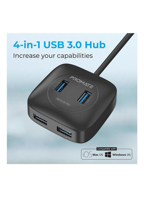 Promate 4-Port Portable Powered 3.0 USB Type-a Hub to 3.0 Ports, Black
