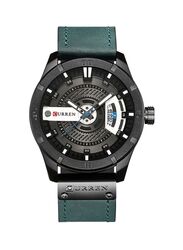 Curren Analog Watch for Men with Leather Band, Water Resistant, 8301, Green/Grey