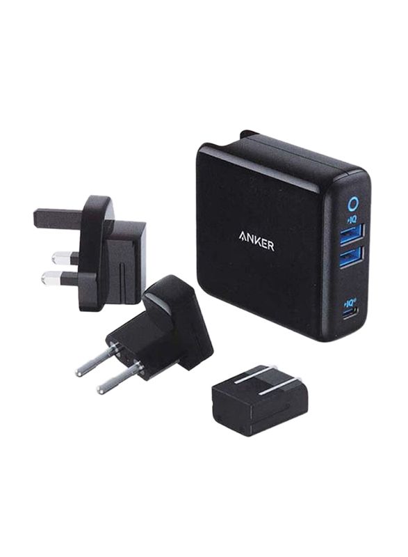 Anker PowerPort III UK + US + EU Plug Wall Charger, 65W, Dual USB A and USB Type-C Port with PowerIQ Technology, A2033H11, Black