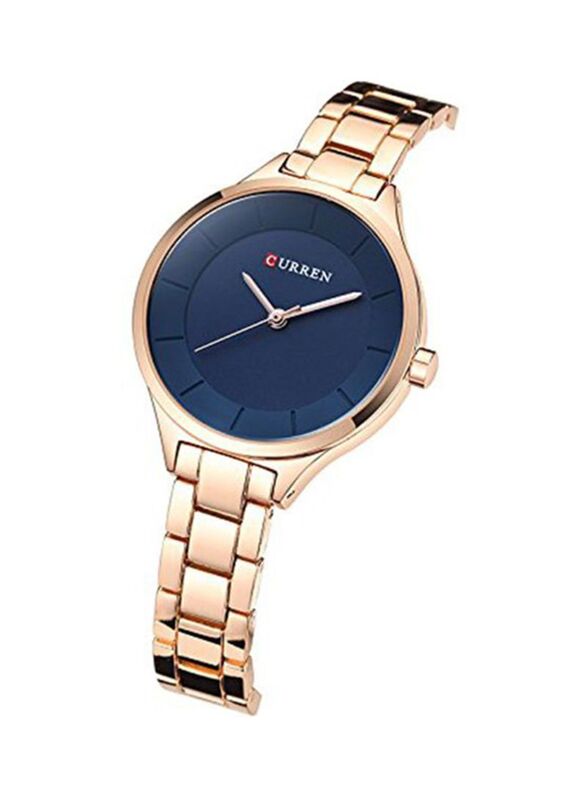 Curren Analog Watch for Women with Stainless Steel Band, Water Resistant, WT-CU-9015-GO1#D2, Rose Gold-Blue
