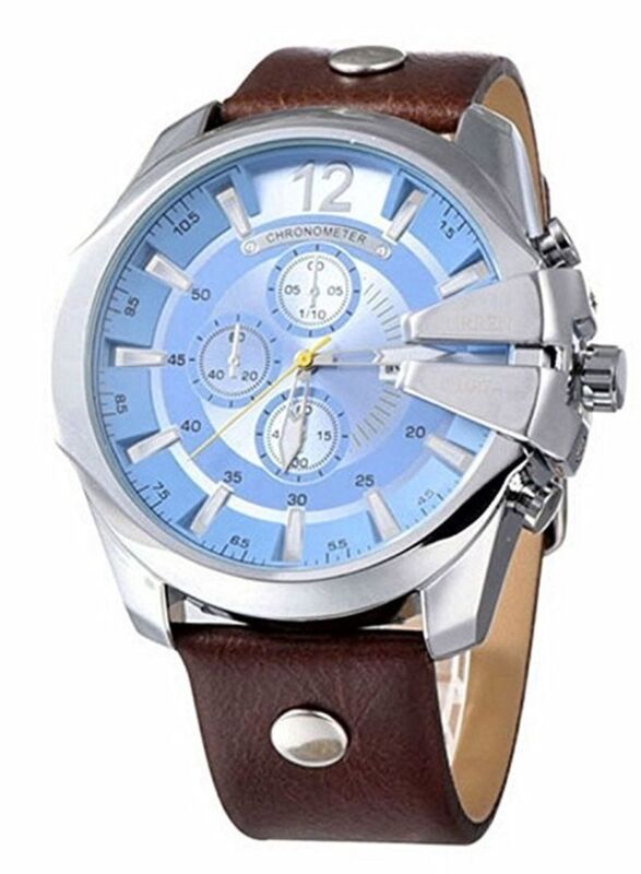 

Curren Analog Quartz Watch for Men with Leather Band, Water Resistant & Chronograph, Brown/Blue