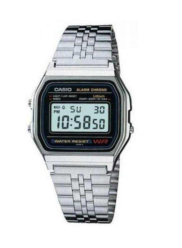 

Casio Digital Watch for Men with Stainless Steel Band, Water Resistant, A159W-N1DF, Silver-Black