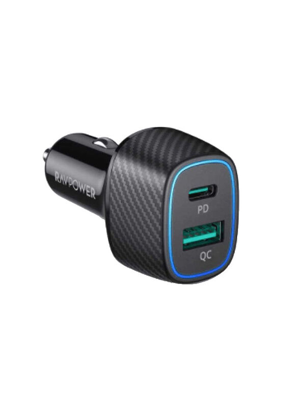 Ravpower 48W Dual Port Car Charger with PD30W + QC3.0, RP-VC009, Black