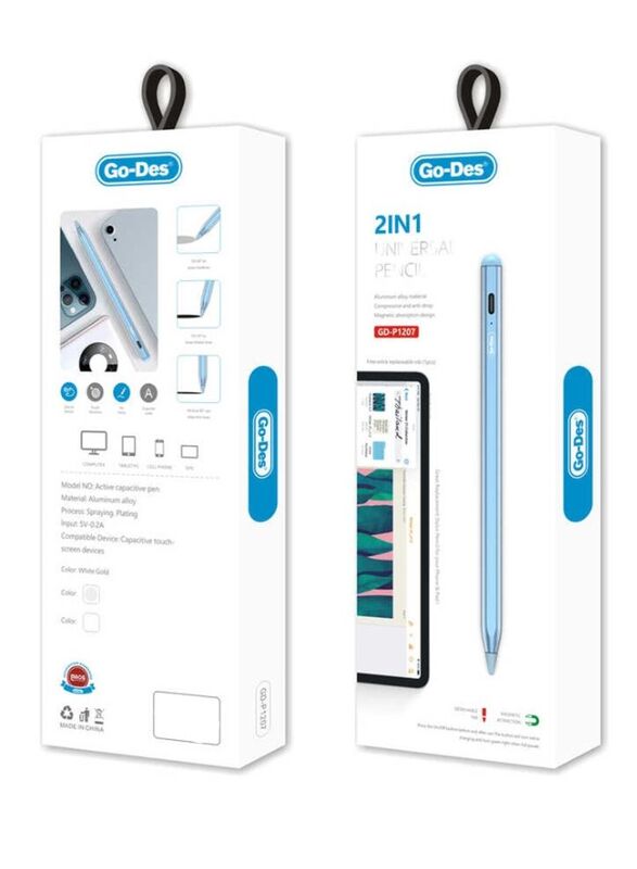 Go-Des 2-in-1 Universal Capacitive Touch Stylus Pencil for Smartphones, Pad, Blue