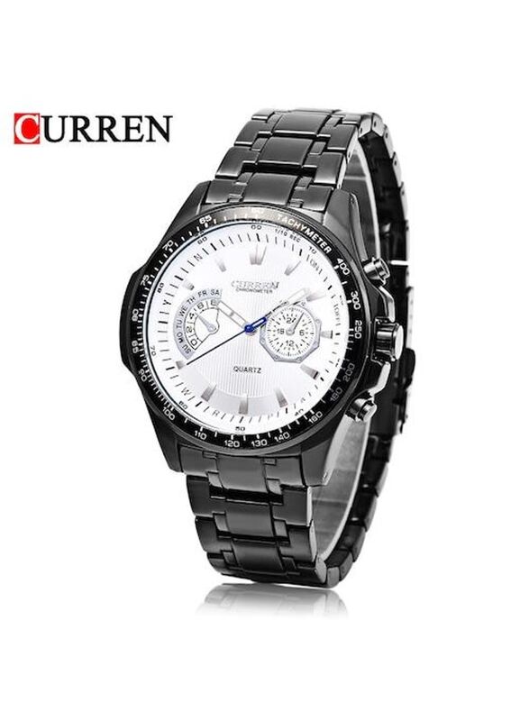 Curren Analog Watch for Men with Stainless Steel Band, Splash Resistant & Chronograph, 8020, Black/Silver