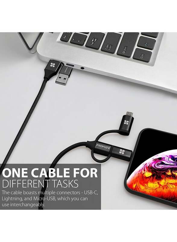 Promate 1.2-Meter UniLink-Trio2 6-In-1 Multi Charging Cable, PENTAPOWER.BLACK, Black