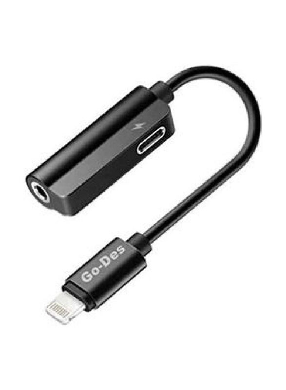 Go-Des 5cm Dual Lightning Adapter, Lightning to 3.5mm Jack/Lightning for Smartphones/Tablets, Black