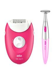 Braun Silk-Epil 3 Epilator with 2 Trimmer Heads, SES 3-420, Pink/Grey