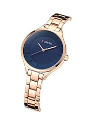 Curren Analog Wrist Watch for Women with Stainless Steel Band, Water Resistant, Rose Gold-Blue