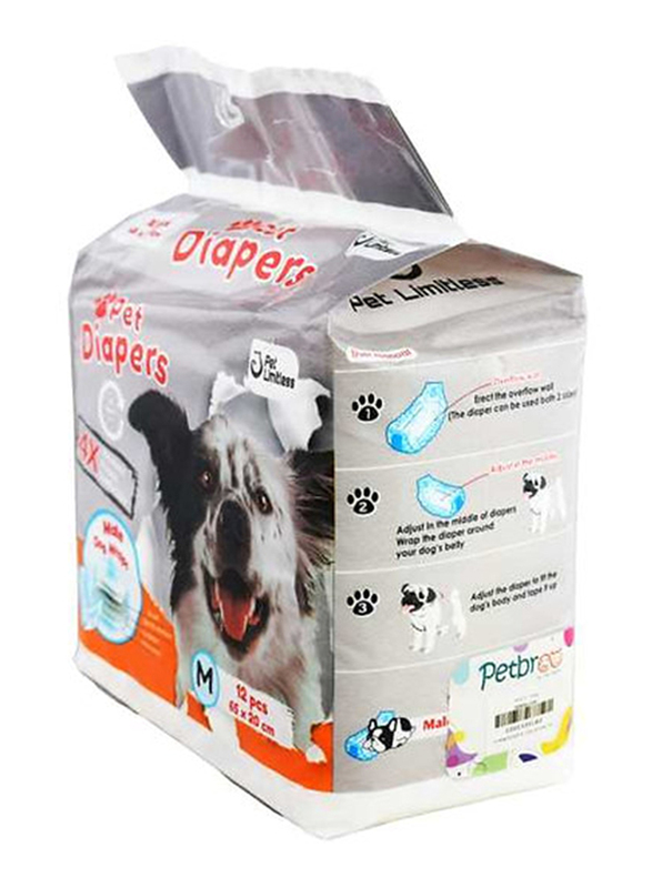 Petbroo Male Pet Diaper for Dogs, Medium, 12 Pieces, White