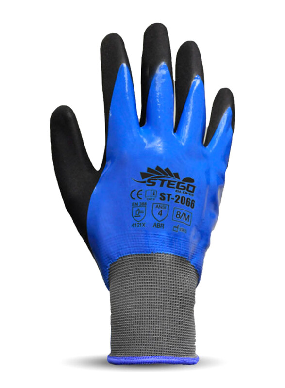 

Stego 18-Piece Level 4 Anti-Static Nitrile Sandy Palm Coated Abrasion Multipurpose Safety Gloves, St-2066, Blue/Black, X-Large