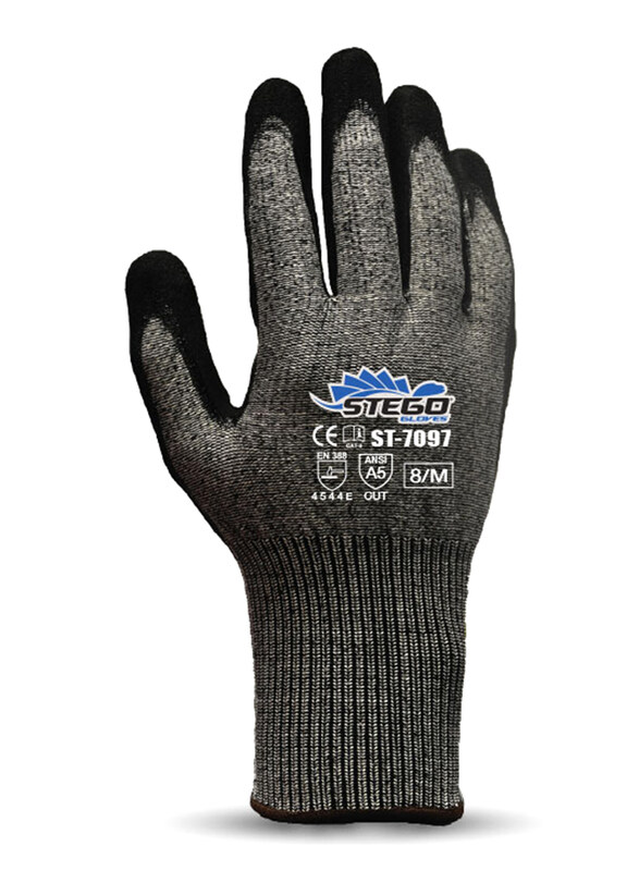 

Stego Breathable Sandy Nitrile Palm Coated Level A5 Cut Protection Safety Gloves, St-7097, Black/Grey,X-Large