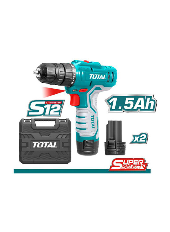 

Total Lithium-ion Cordless Drill Driver, 12V 1.Ah with 2 Battery & Case, TOTTDLI12325, Silver/Teal