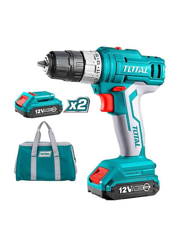 

Total Lithium-ion Cordless Drill 12V, Double Battery with Bag, TDLI1222, Silver/Teal