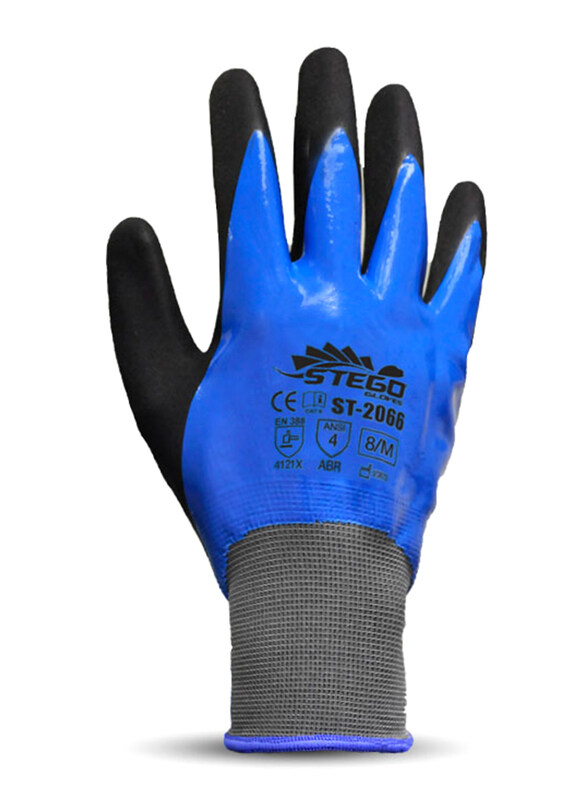 

Stego Level 4 Anti-Static Nitrile Sandy Palm Coated Abrasion Multipurpose Safety Gloves, St-2066, Blue/Black, X-Large