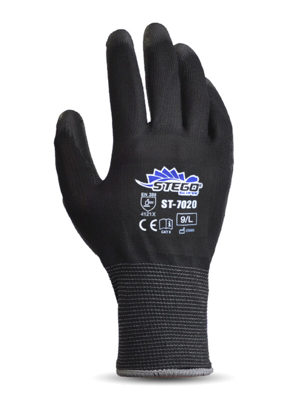 

Stego 6-Piece Mechanical & Multipurpose PU Coated Safety Gloves for Dry and Oily Environments, St-7020, Black, Large