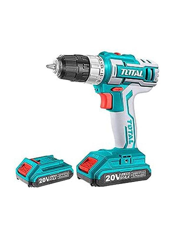 

Total Cordless Lithium-ion Drill, 20V, Max Torque 45nm with 2 x 2.OAH Battery Pack + Drill Bits + Carry Bag, TDLI200215, Blue