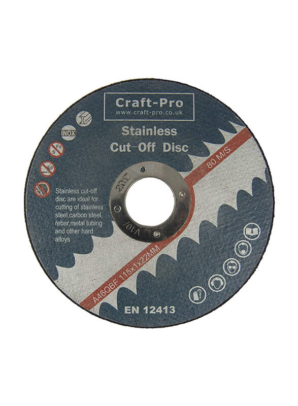 

Craft Pro Stainless Cut Off Wheel, 115 x 1 x 22mm, 10 Piece, Grey/Blue