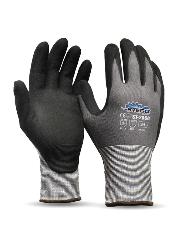Stego Level 4 Micro-Nitrile Foam Coated Multipurpose Safety Gloves for Dry, Wet or Even Oily Grip Application, St-2060, Grey, Large