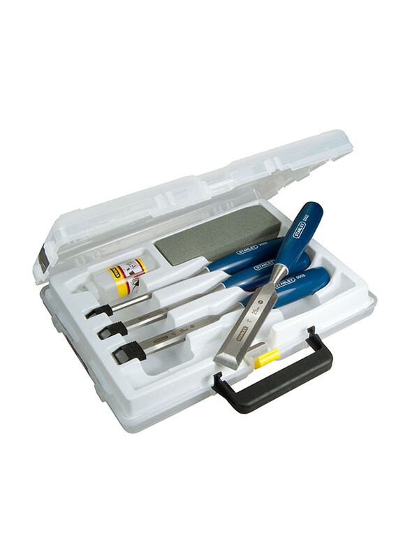 

Stanley 4-Piece Chisel Set with 6/12/18/25mm High Carbon Steel Blade Chisels, Sharpening Stone & Oil, 0-16-130, Multicolour