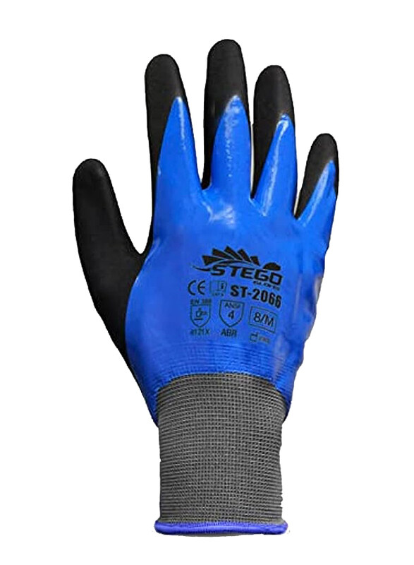 

Stego Level 4 Anti-Static Nitrile Sandy Palm Coated Abrasion Multipurpose Safety Gloves, St-2066, Blue/Black, Medium