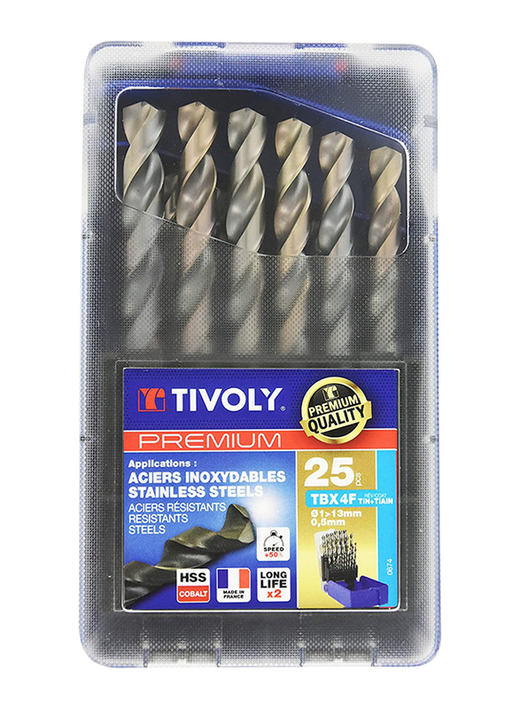 Tivoly 25-Piece TBX HSS Cobalt Revetu Drill Bits, Silver